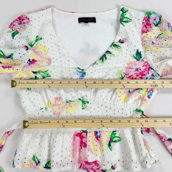 Slate & Willow Women's Floral Tie Peplum Top Medium White Multicolored - Picture 13 of 16